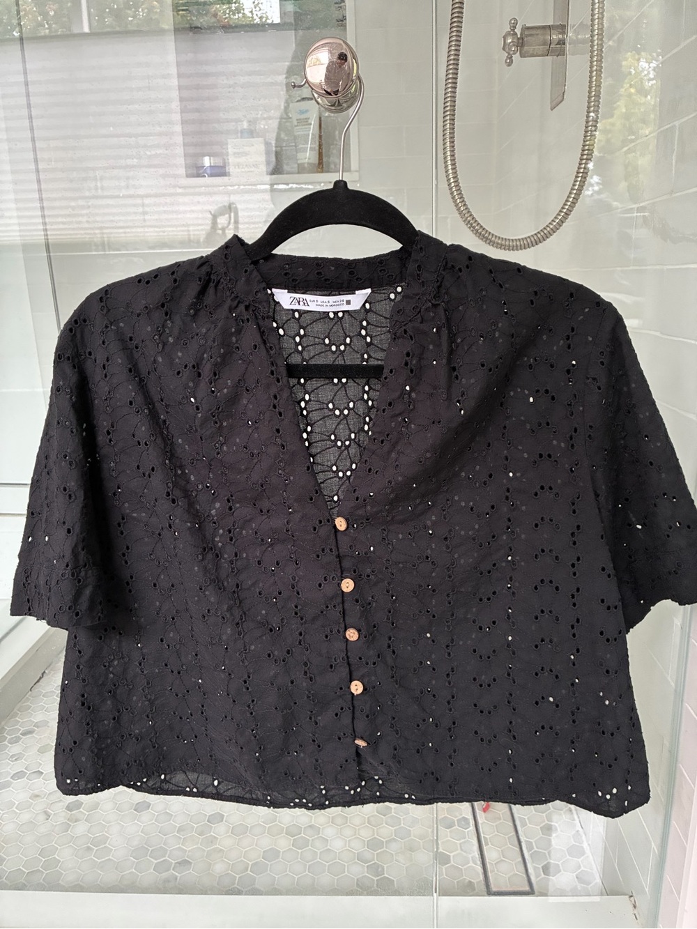 Zara Black Eyelet Short Sleeve Button-Front Blouse